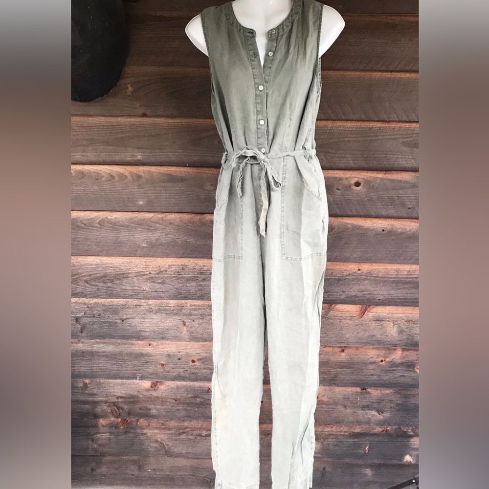 Nicole Miller 100% Linen Overall Style Jumpsuit Lagenlook Size 4 Olive Green